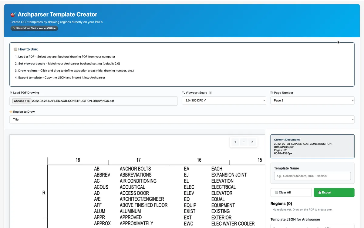 Image of the template creator with a loaded PDF