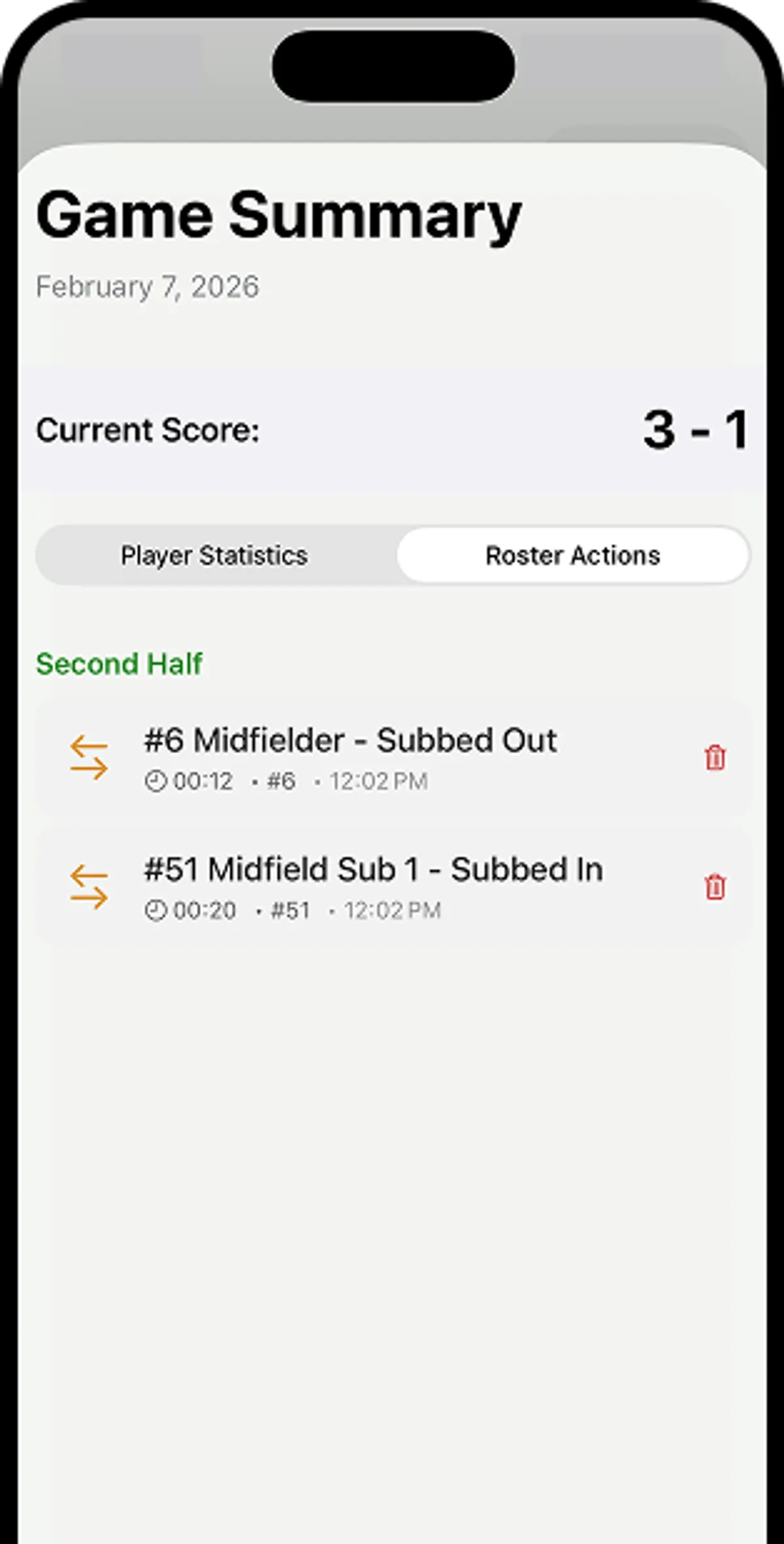View who subbed in and out of the game by half