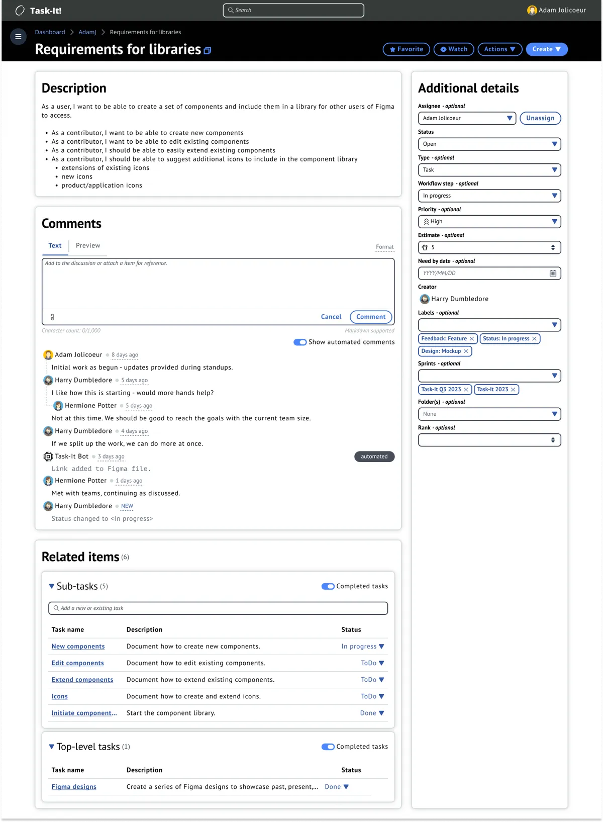 Image of the first version of the task details mockup